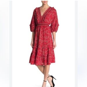 🦋NWOT Max Studio RED Dress Floral Ruffled Tiered V-Neck Boho/Cottagecore… Size L